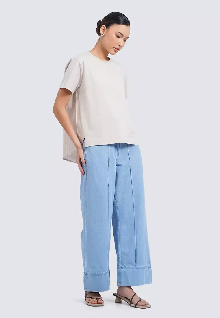 Short Sleeve Top with Contrast Fabric TAUPE