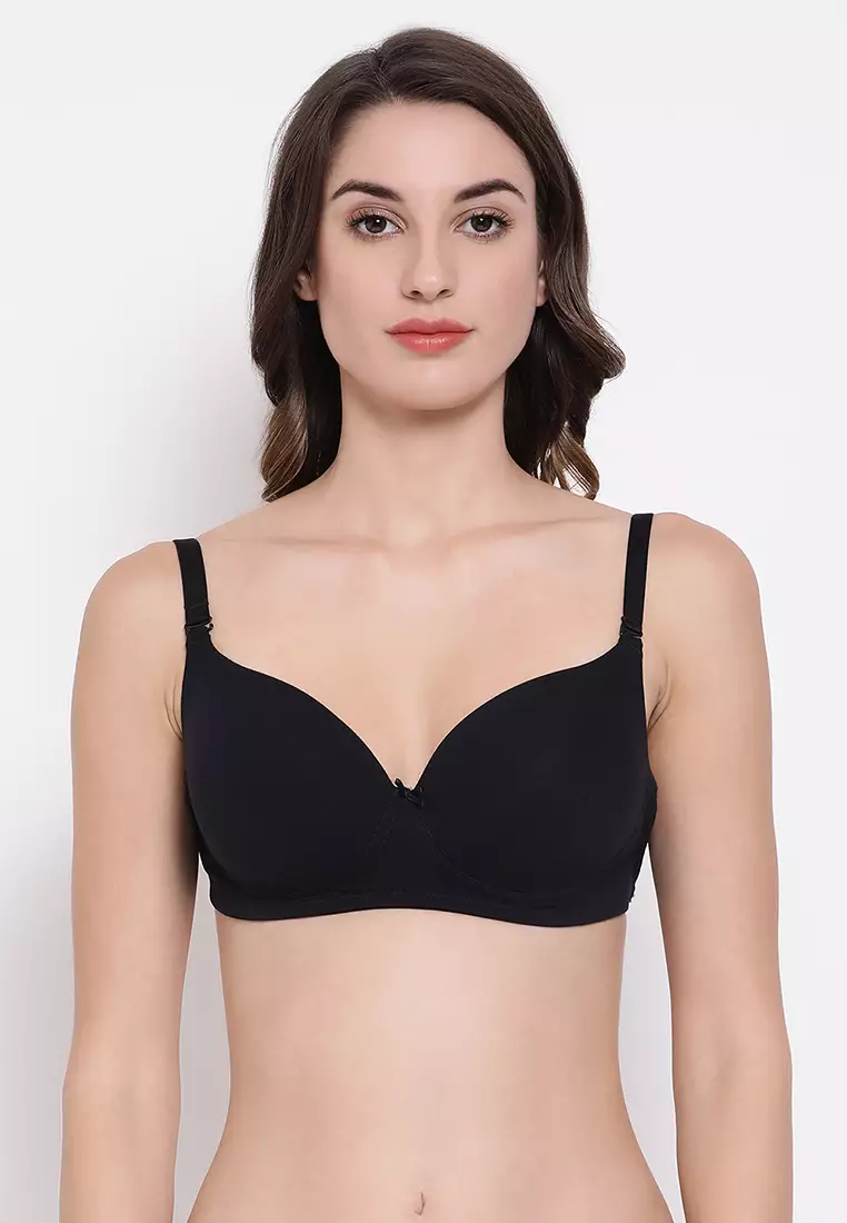 Buy Clovia Cotton Rich Non-Padded Non-Wired T-Shirt Bra & Mid Waist Hipster  Panty - Black online