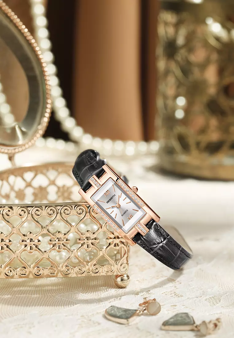 Jam Tangan Wanita Anggun Tali Kulit Berlian Jam Tangan Cewek Hitam