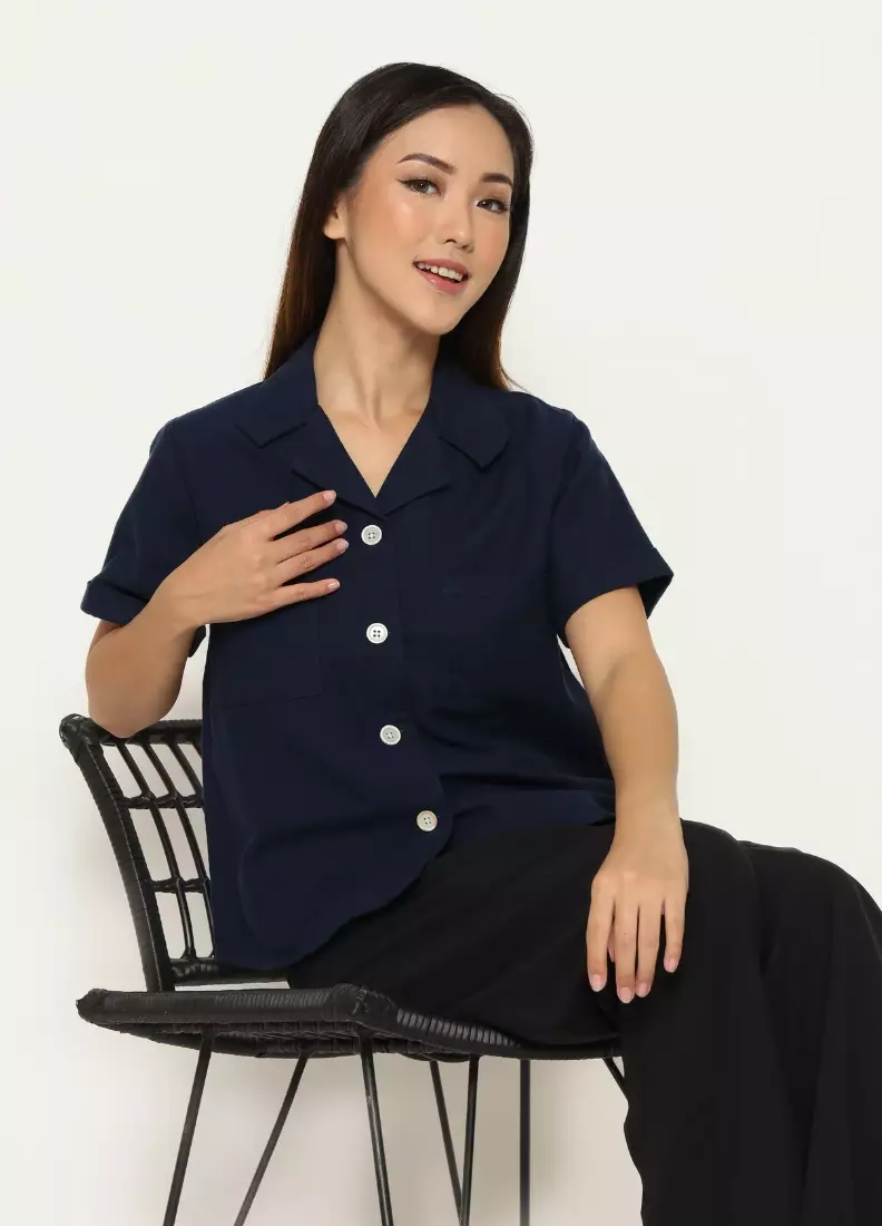 Urban Exchange Nala Navy Shirt - Atasan Kemeja Semi Crop Top