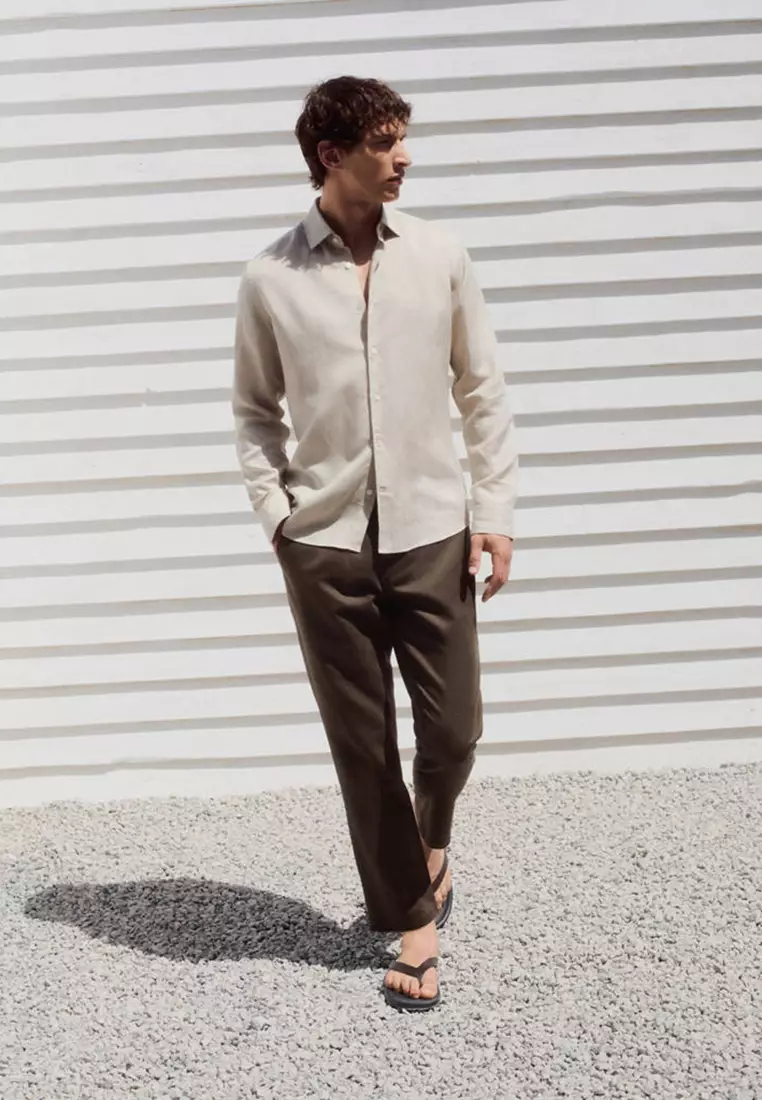 Slim Fit Cropped Linen-Cotton Trousers