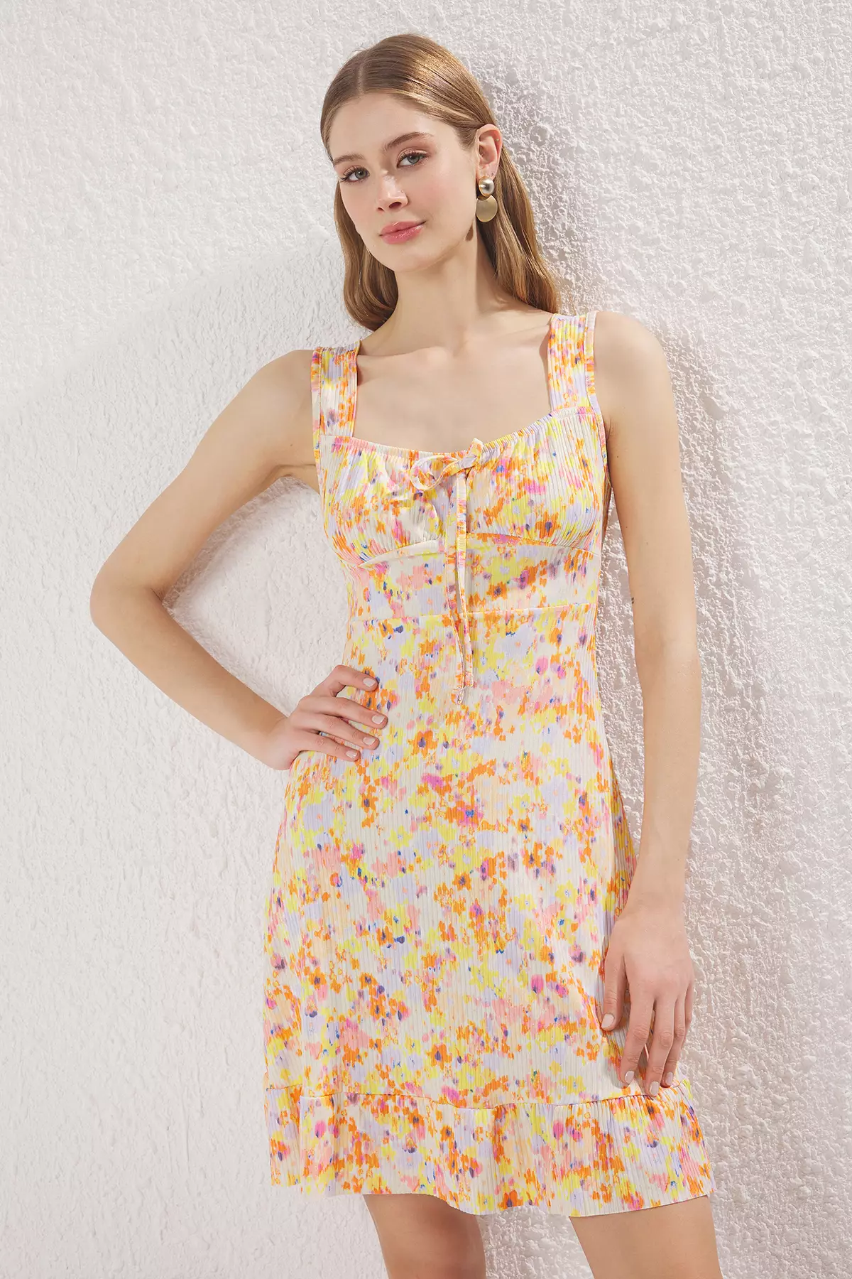 Orange Printed Square Neck Flounce A-Line Mini Knitted Mini Dress TWOSS23EL00348