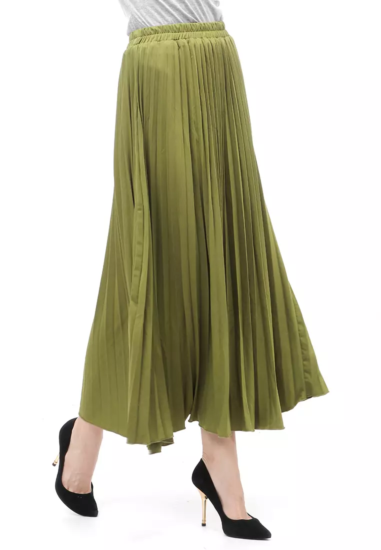 Skirt Plisket Bawahan Wanita Motif Polos Relaxed Fit - Army