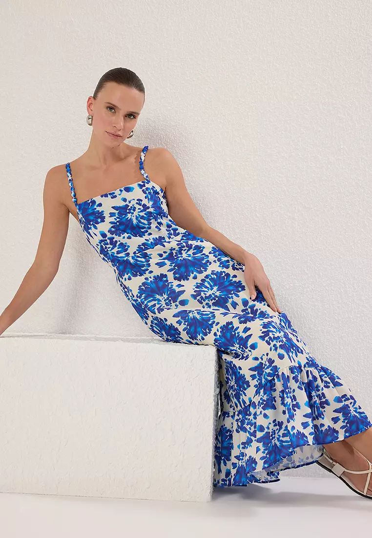 Blue Floral Linen Look Maxi Strap Detail Woven Dress TWOSS25EL00045