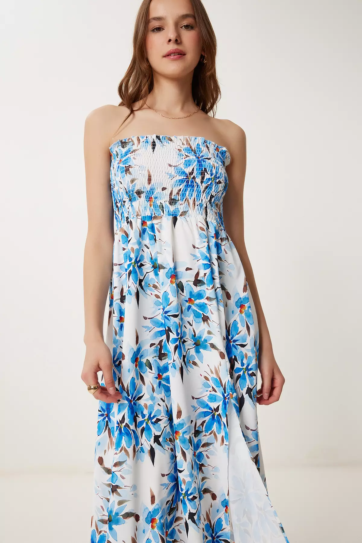 Women's Blue Bone Flower Pattern Strapless Woven Dress Jh00057