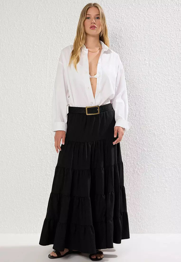 Black Cotton Textured Maxi Size Bohemian Skirt