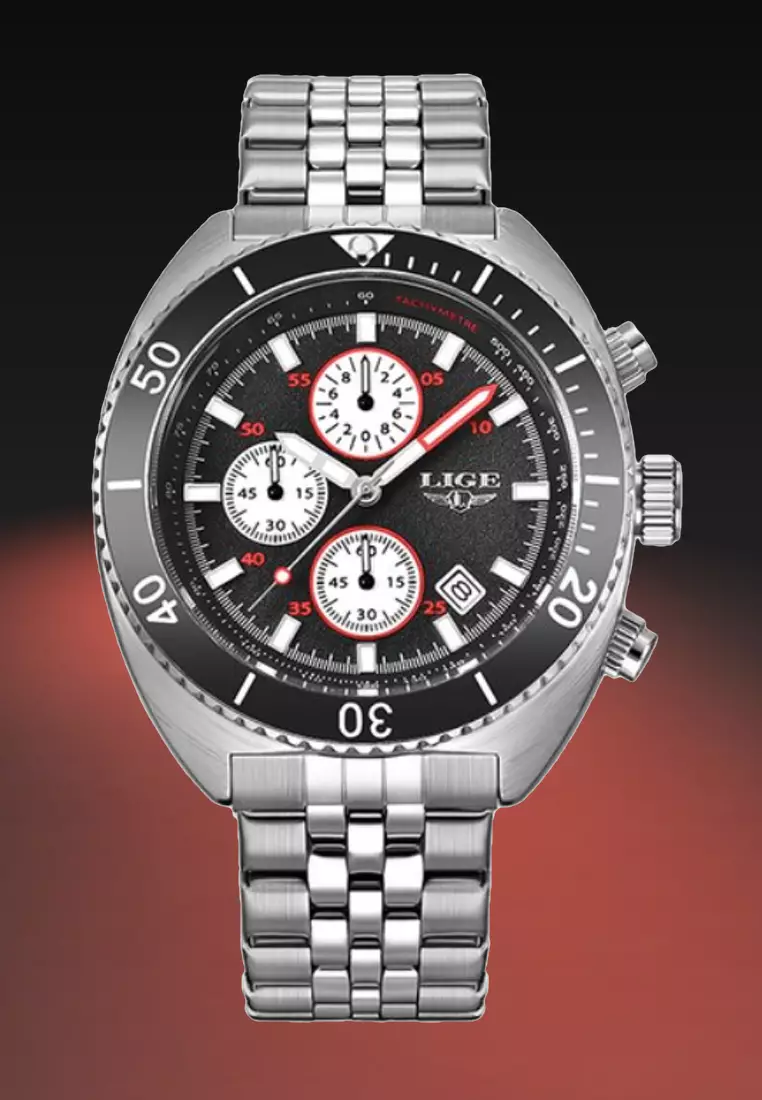 Unisex Chronograph Diver's Stainless Steel Quartz Watch with turning Bezel on Steel Bracelet