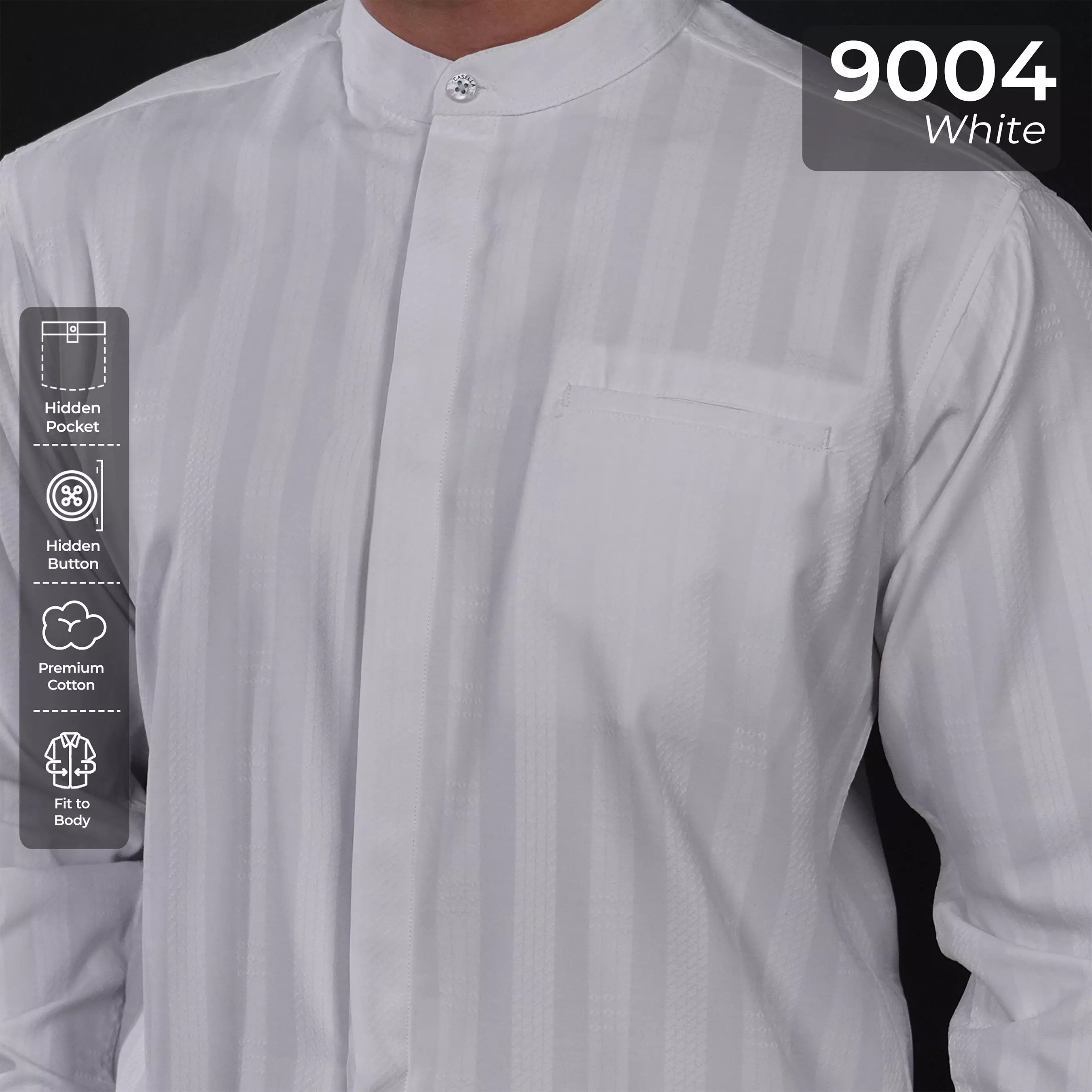 Casella Baju Koko Pria Lengan Panjang Premium Vertical White | Koko Elegant Musa Lengan Panjang 9004 White