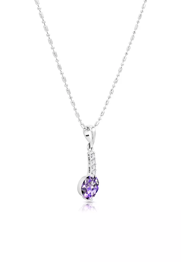 SO SEOUL Lic Crown Purple Solitaire Diamond Simulant Zirconia Hoop Earrings with Pendant Chain Necklace Jewelry Gift Set