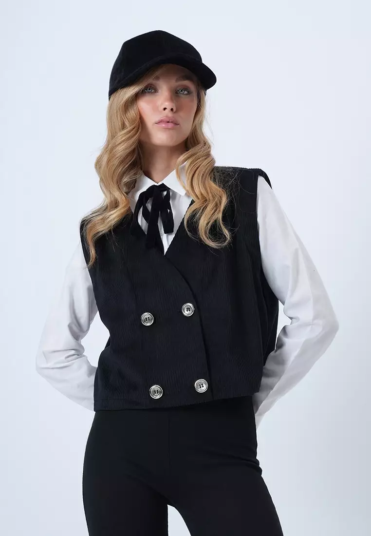 Double-Breasted Velvet Vest with Metal Buttons