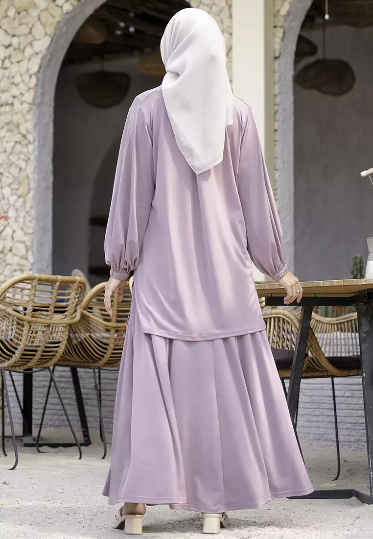JV Hasanah Oneset Skirt Jersey Baju Kurung Lilac - Setelan Rok Jersey Baju Kurung Jumbo