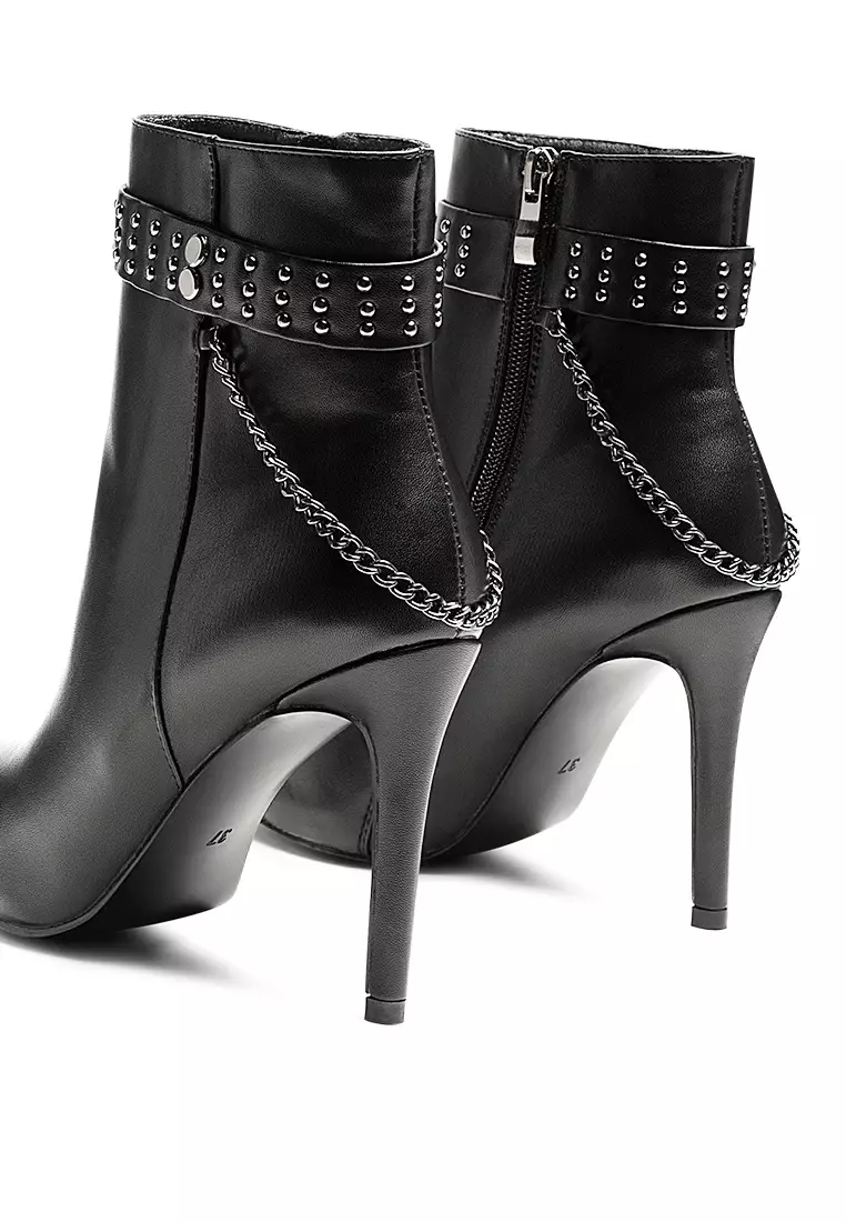Faux Leather Stud Strap Detail Stiletto Boot in Black