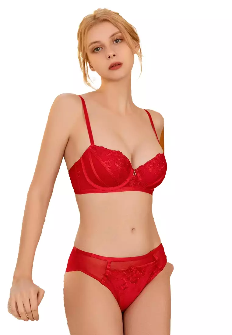 Push-up Bra and Panties Set in Red and Cream Colour With Lace