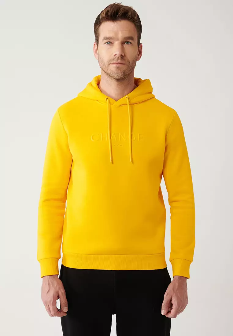 Men's Yellow Hooded 3 Thread Raised Printed Sweatshirt A32Y1240