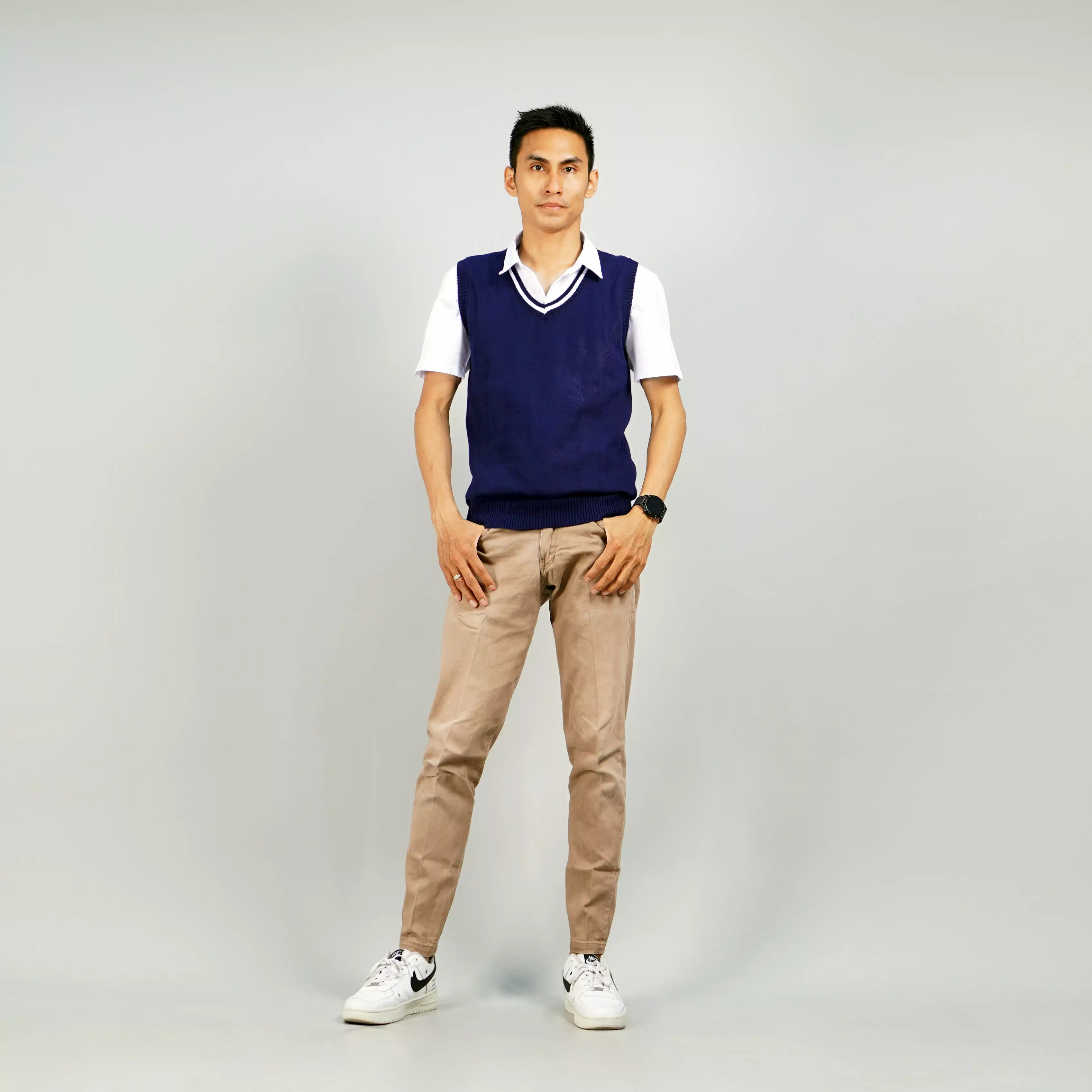 VIJAY Knit Vest Rompi Rajut Rompi Pria Navy Rompi List Leher Rompi Seragam - NAVY