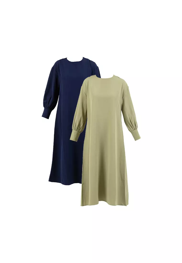 Forest x Hatta Dolmat Ladies Woven Plain Textured Cuffed Long Sleeve Midi Dress - 885069-33Navy