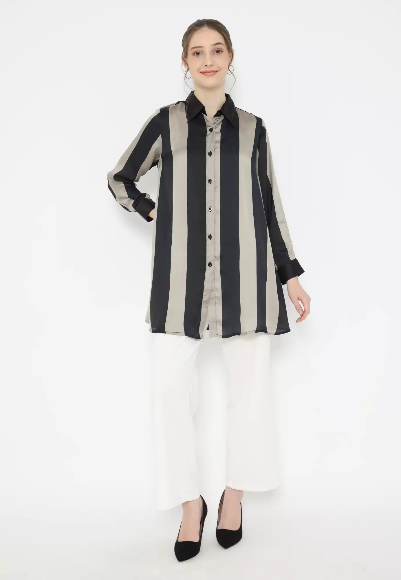 Shirt Long Sleeve Grey Casual Office Look Arlette By Brilliant Girl Warna Abu Garis