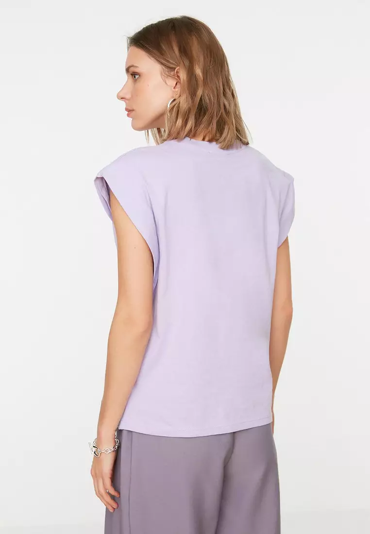Lilac 100% Cotton Wadding Look Basic Crew Neck Knitted T-Shirt TWOSS20TS0021