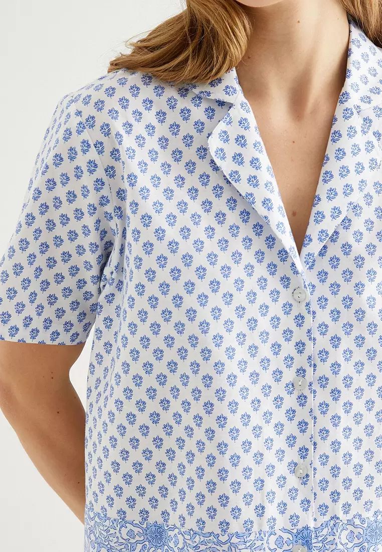 Pajama Top Short Sleeve Shirt Button Collar Cotton