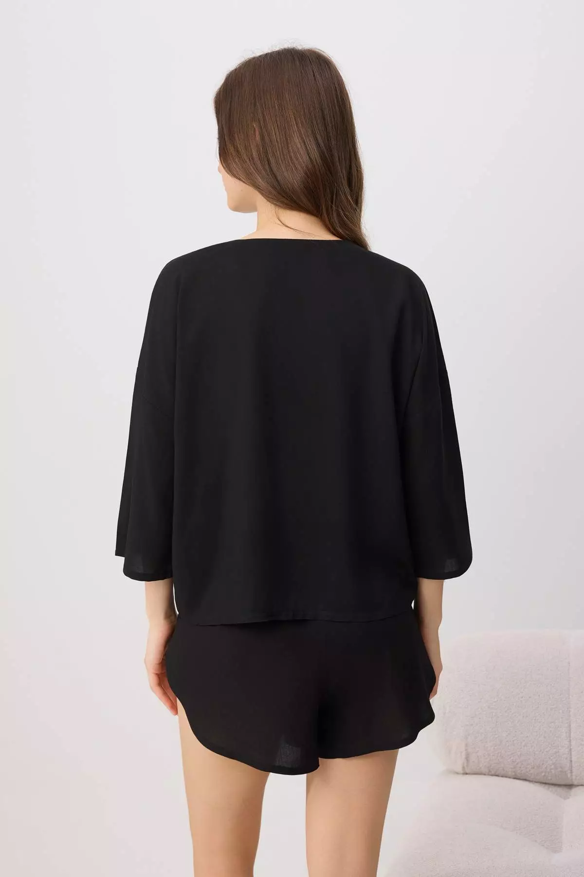 Siyah More Sustainable Non-Fading Black Woven Pajama Set With Tie Viscose Shorts Thmss23Pt00165