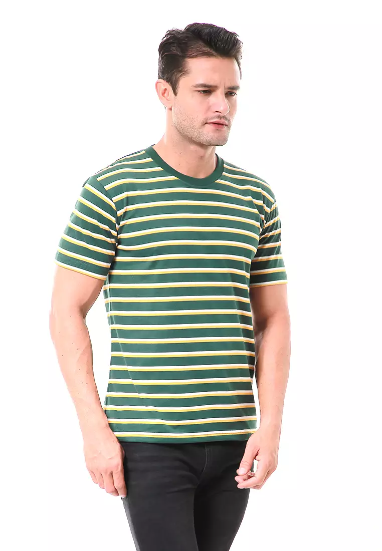 Aisley Kaos Pria Lengan Pendek Sweatshirt Kasual Stripe Motive Material Cotton ORIGINAL - Green