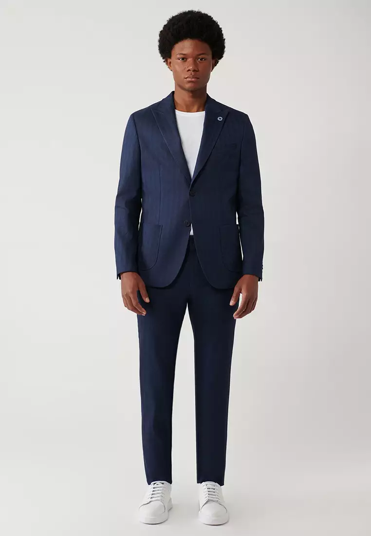 Men's Navy Blue Linen Blended Lightweight Unlined Flexible Jacket A41Y4006