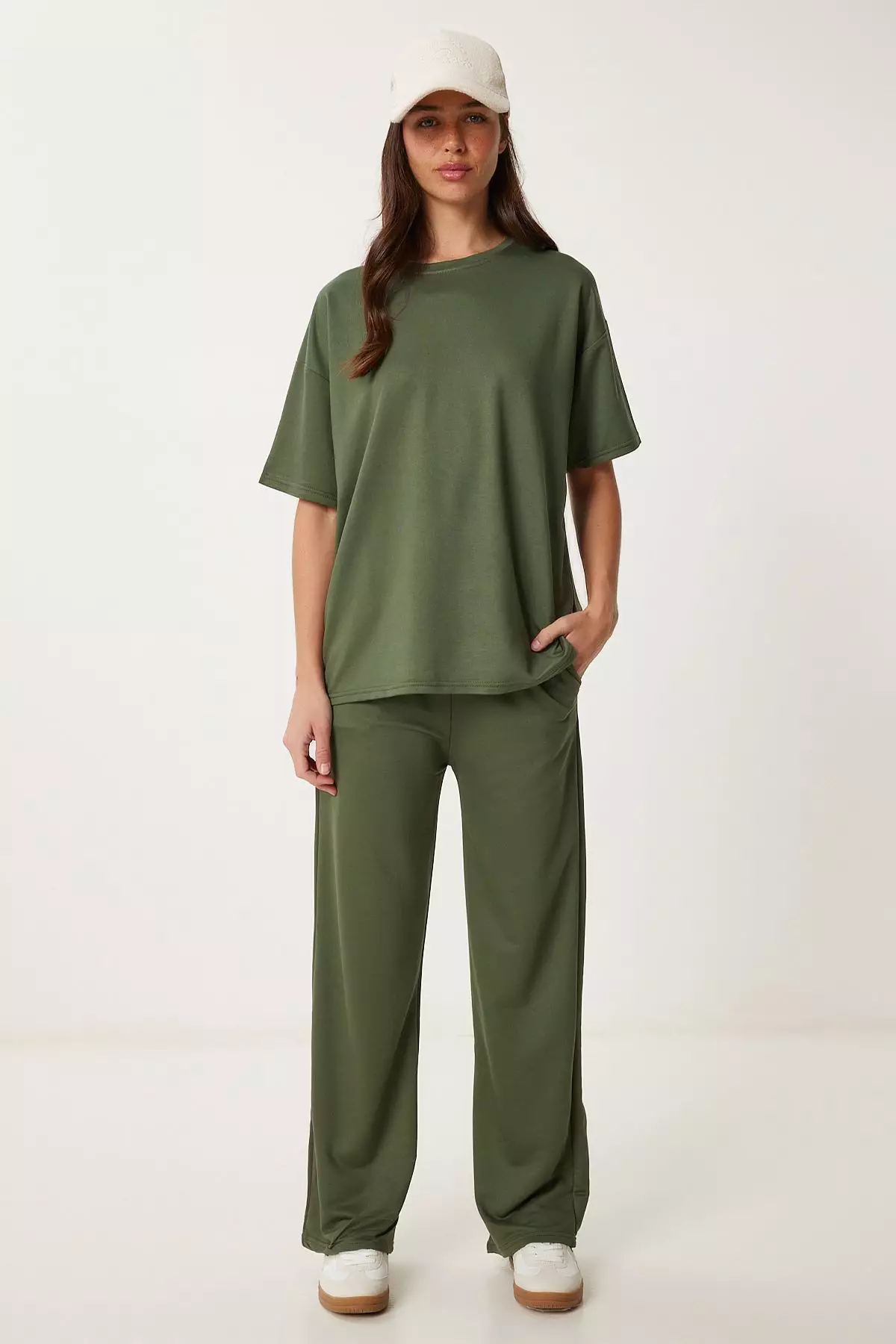 Women's Khaki Crew Neck Knitted Bottom-Top Suit Zv00293