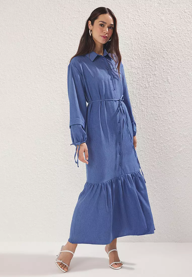 Indigo Lace Detailed Linen Look Woven Dress TCTSS25EB00111