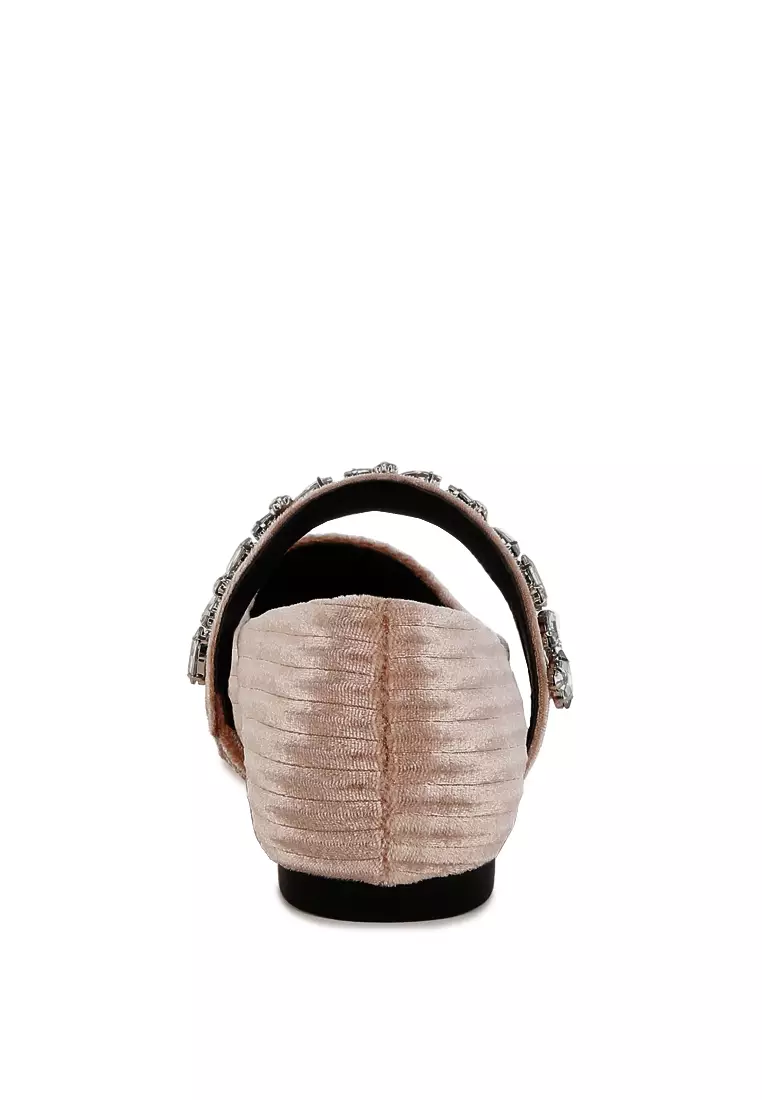 Diamante Brooch Velvet Ballerinas in Beige