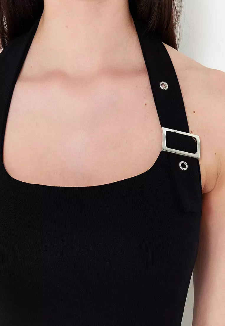 Black Halter Neck Belt Detail Fitted Knitted Blouse