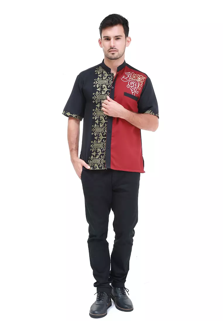 Dwan Kemeja Batik Pria Trident Motives Atasan Formal Shortsleeve Shirt Material Cotton ORIGINAL - Black Red