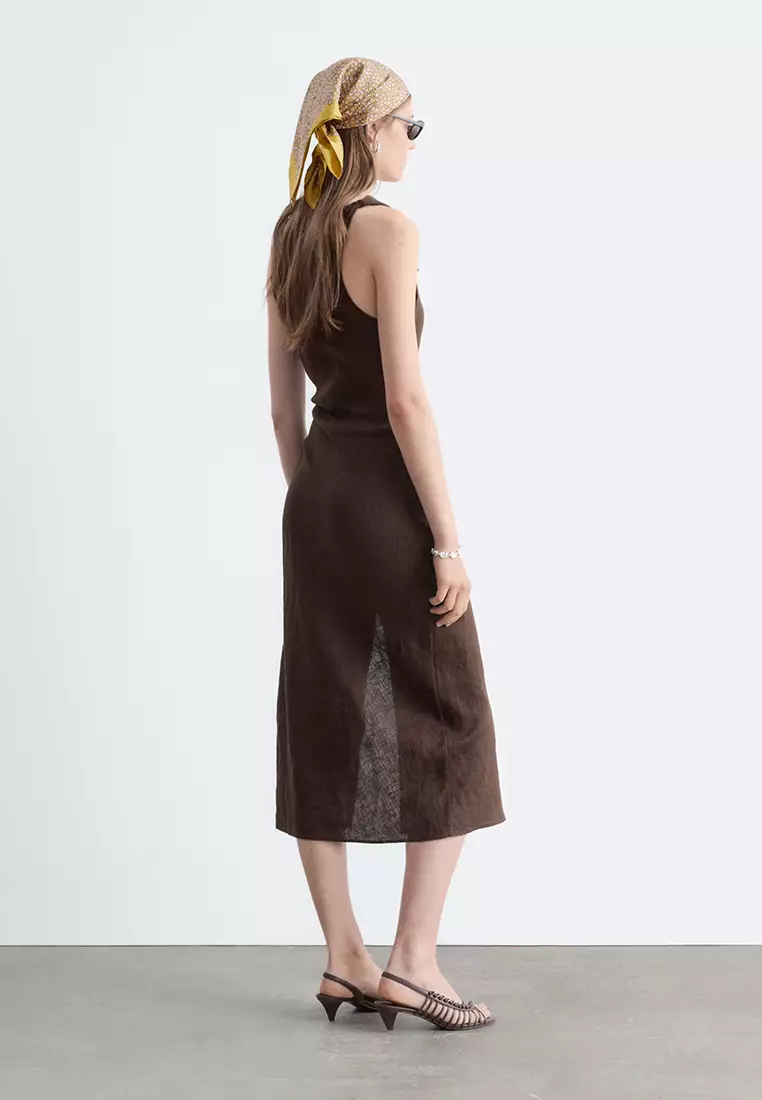 Twist-Strap Linen Midi Dress