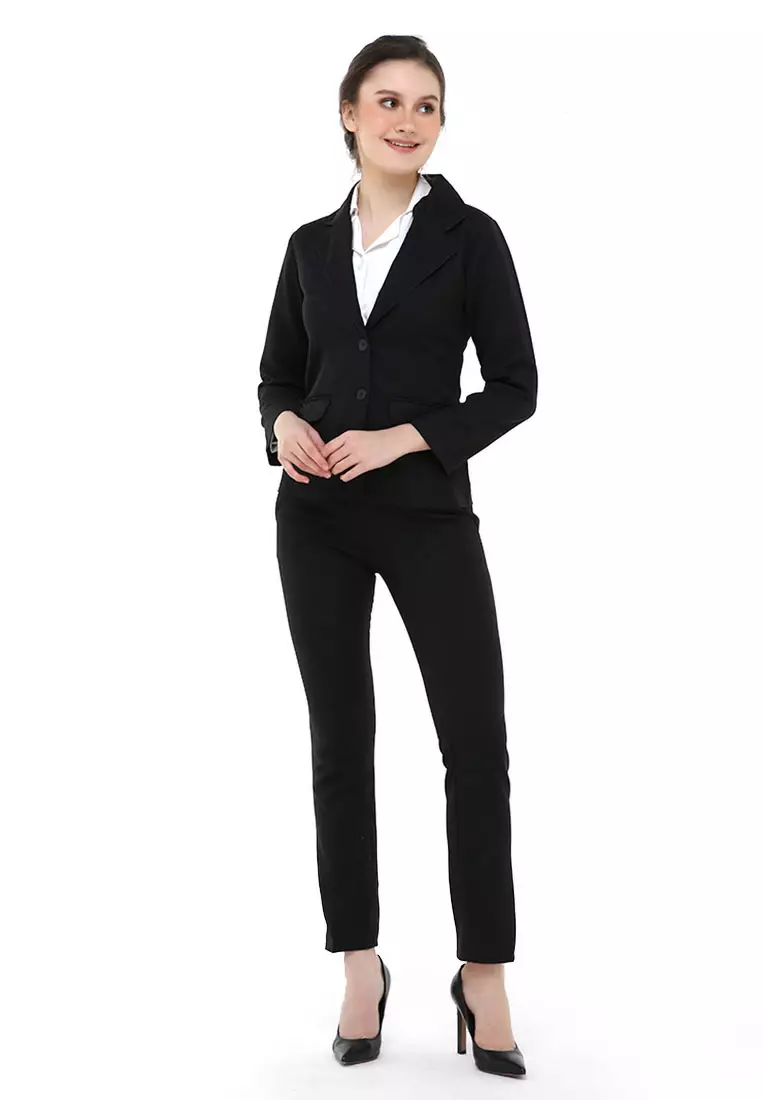 Nicrely Setelan Blazer Celana Wanita One Set Longsleeve Suit Long Pant Material Semi Stretch ORIGINAL - Black