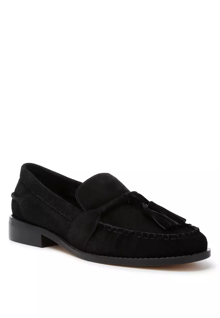 Black Tassels Detail Suede Loafers