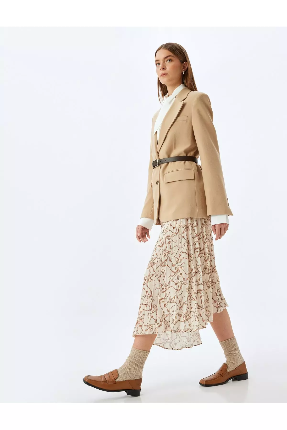 Asymmetrical Patterned Midi Length Pleated Skirt