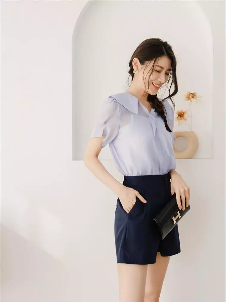 Slightly sheer ruffled collar puff sleeve top [AB18399]