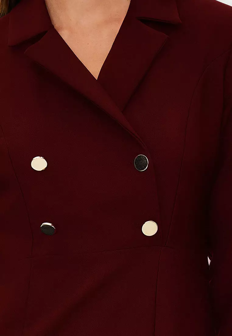 Burgundy Double Breasted Collar With Gold Button Detail Woven Dress Tctss24Eb00020