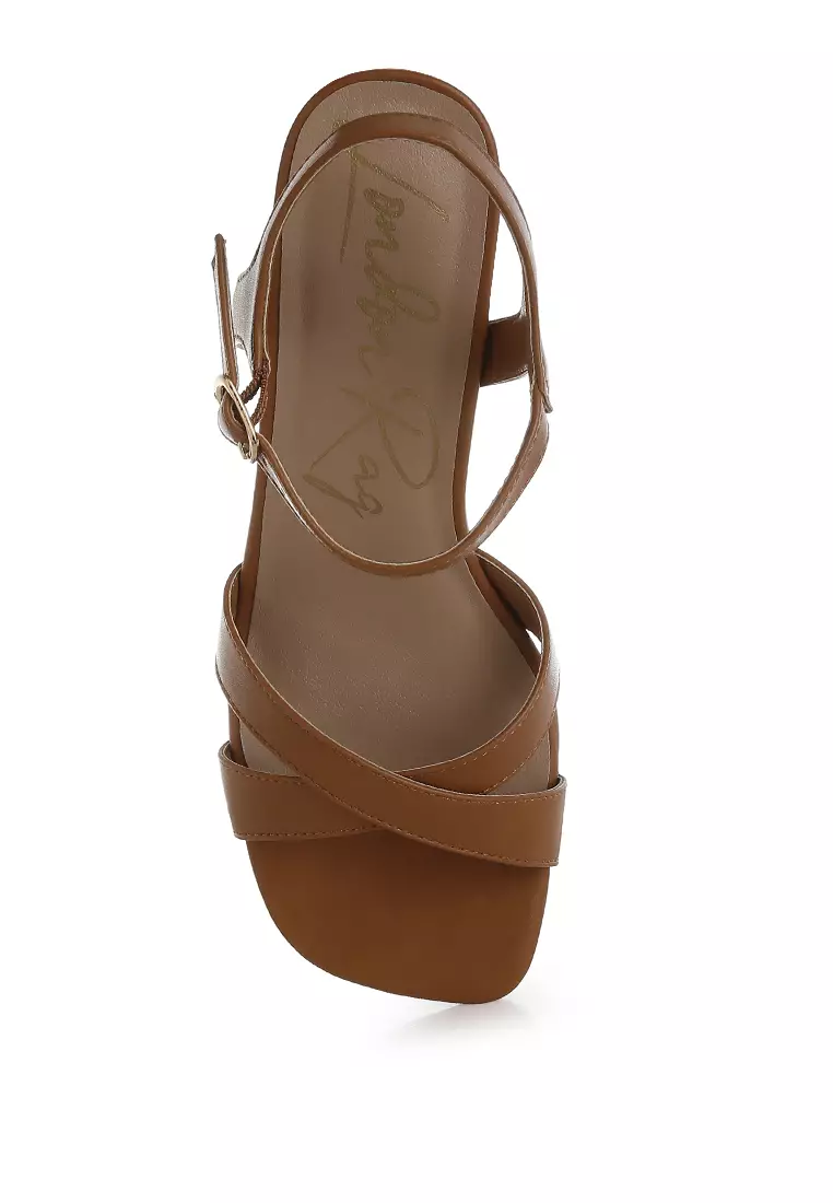 Square Toe Block Heel Sandals in Tan