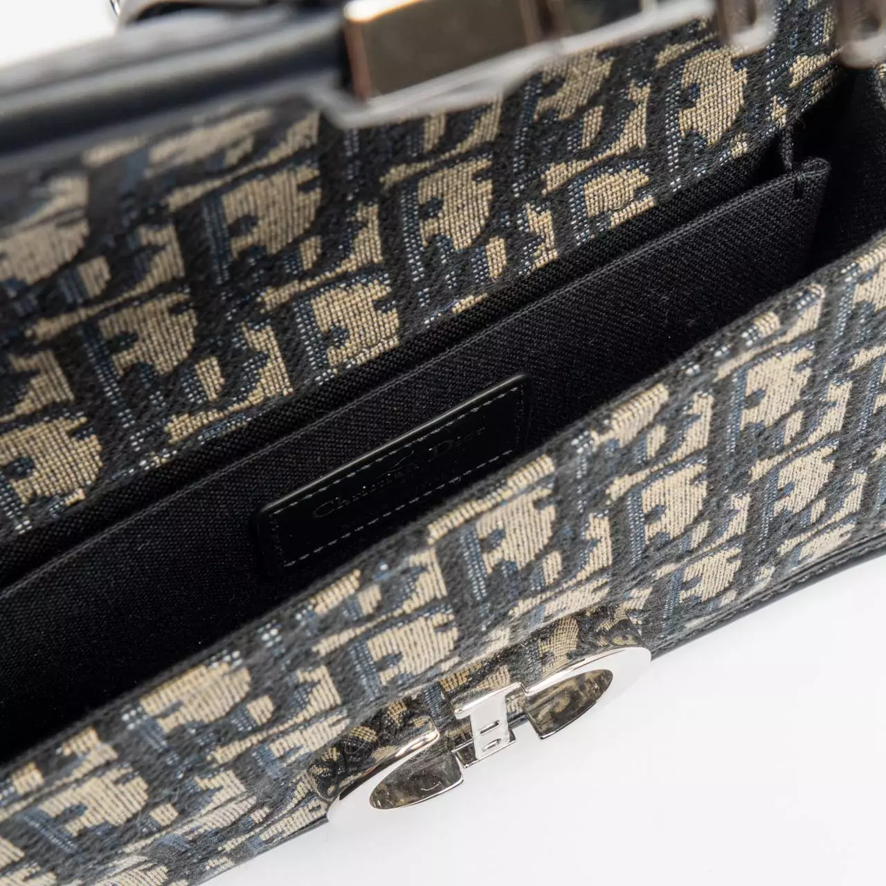 30 Montaigne East-West Bag with Chain Oblique Jacquard and Smooth Calfskin Blue