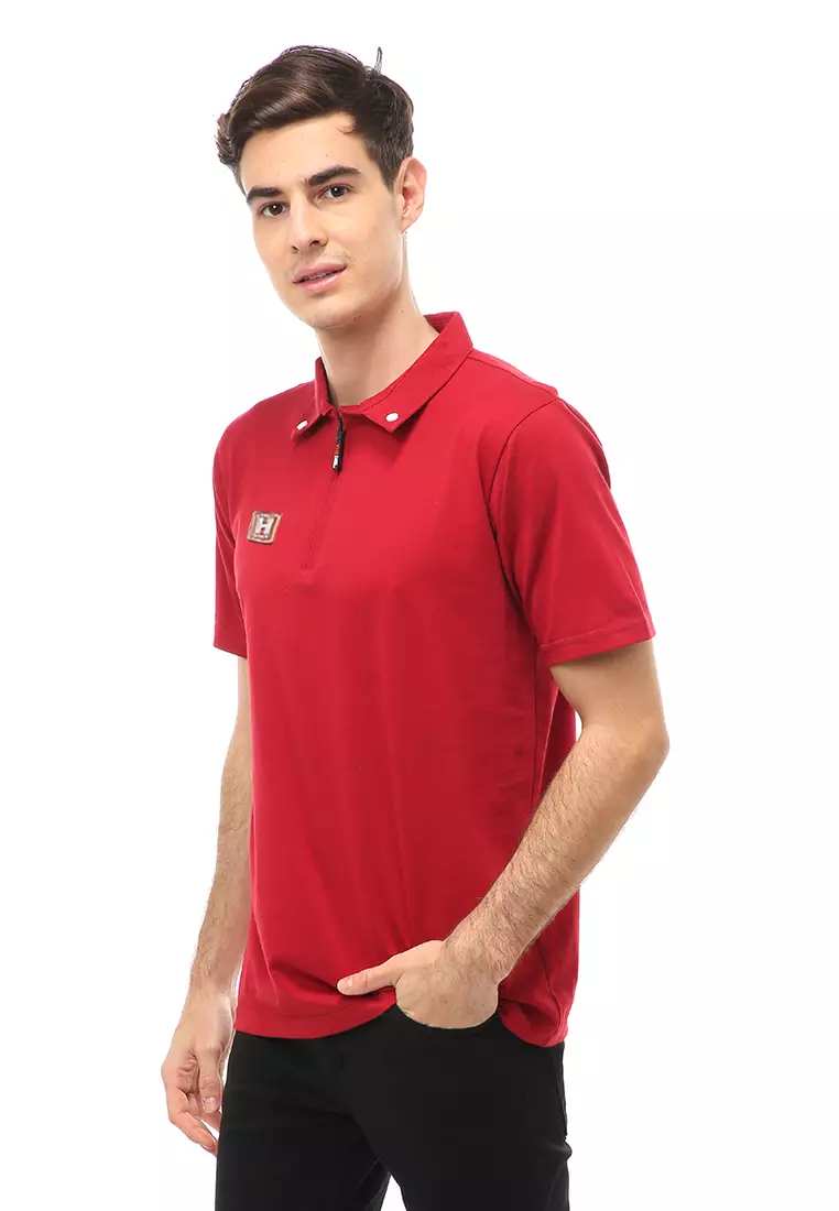 Jack Atasan Casual Pria T-Shirt Kaos Polo Resleting Short Sleeve Material Cotton ORIGINAL - Maroon