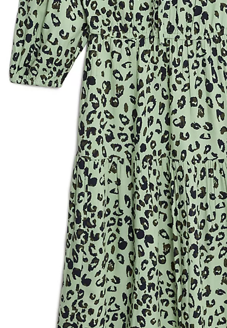 Printed Tie Neck Midi Tiered Dress