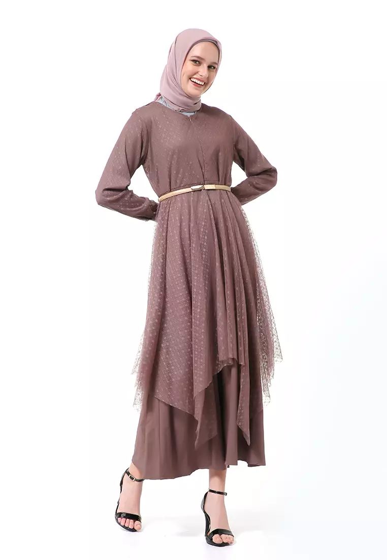 Zahwa Long Dress Gamis Muslimah Long Sleeve Free Belt High Quality - Oak Brown