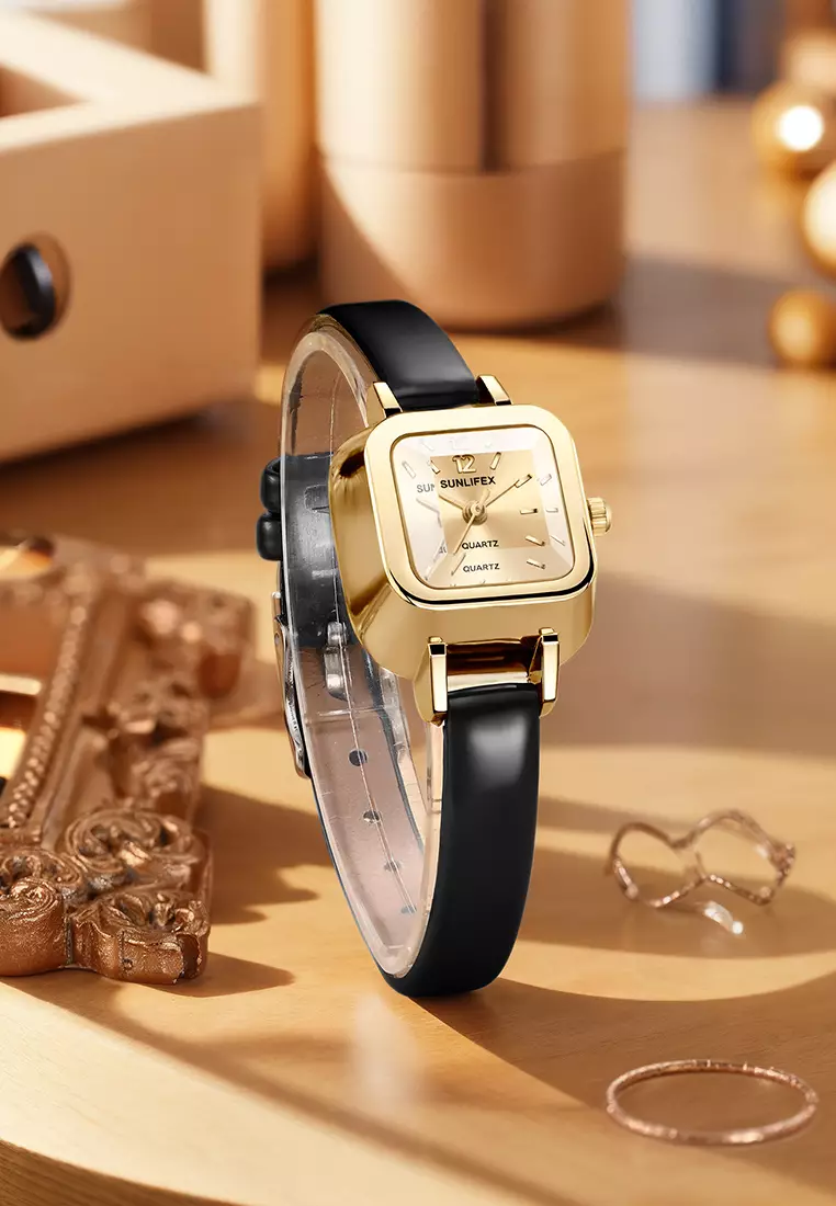 Jam Tangan Wanita 3344 Korea Antik Persegi Mini Tali Kulit Jam Tangan Cewek Original black