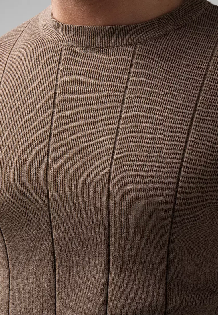 Mens Striped Knitted T-Shirt Cotton Light Brown SS