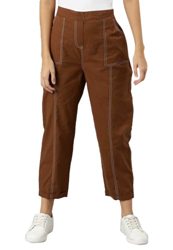 RedCheri brown Brown Contrast Seam Roll Up Bottom Pants E0AB1AAB8B26DBGS_1