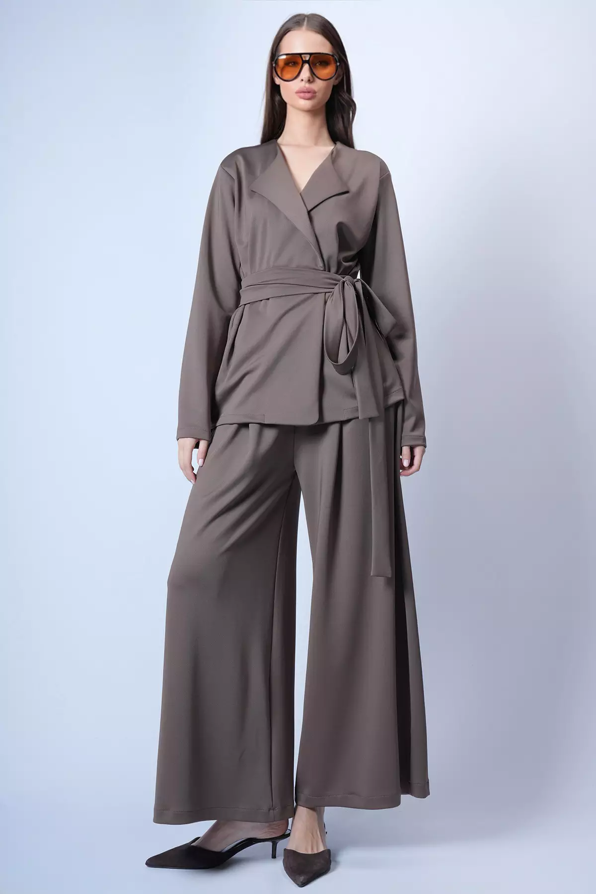 Brown Self-Belted Long Jacket And Double Pocket Trousers Set Alc-X15042