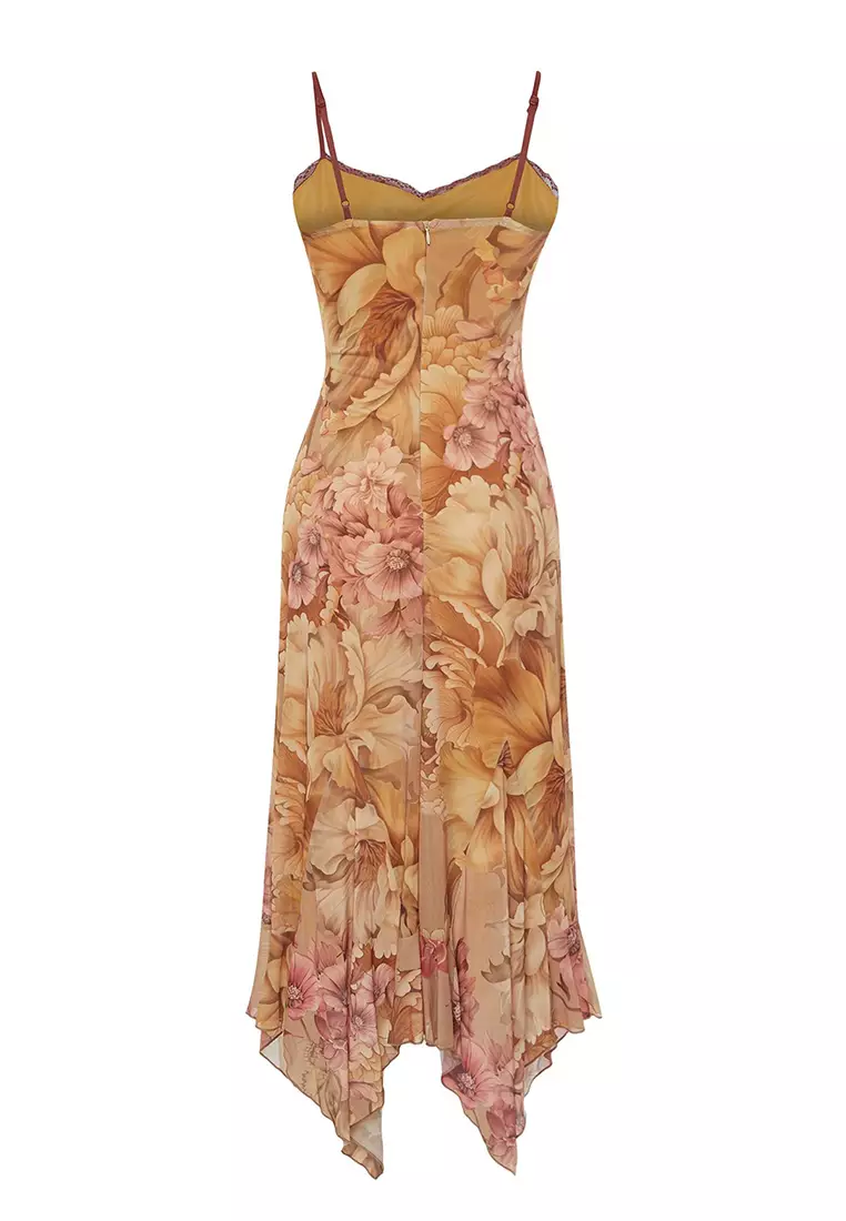 Multicolored A-Line Floral Patterned Ruffle Knitted Tulle Dress TPRSS24EL00133