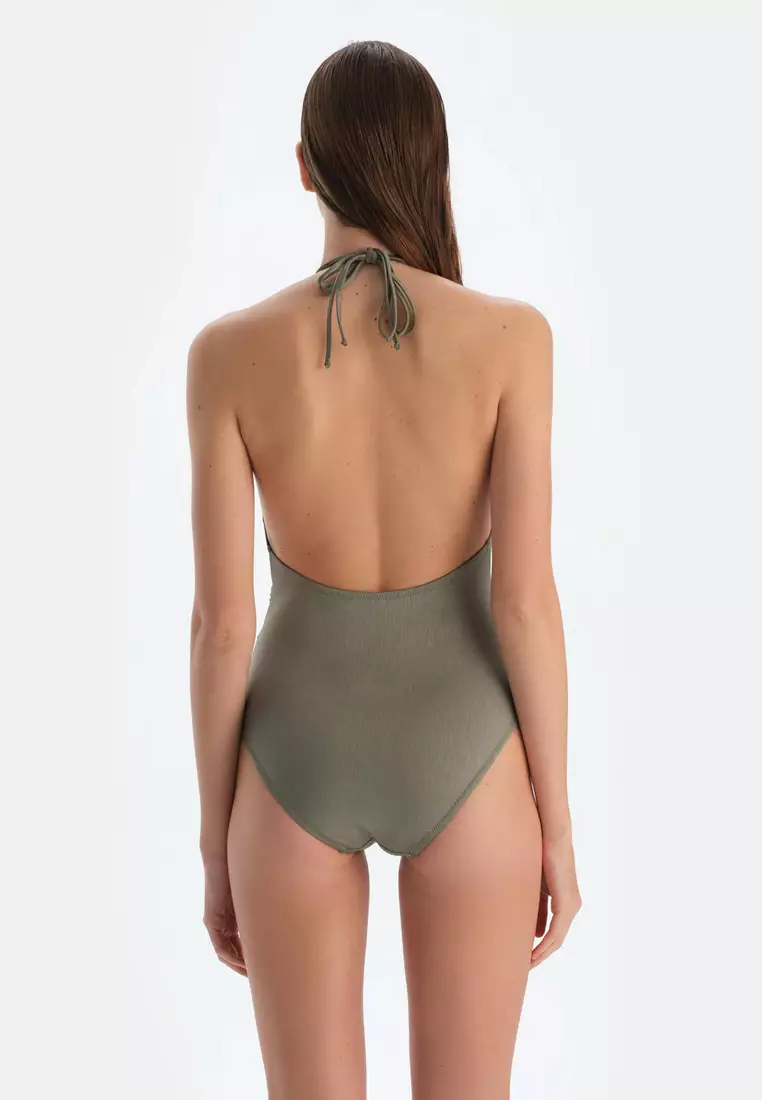 Khaki Swimsuit, Halter Neck, Removable Padding, Non-wired, Swimwear for Women