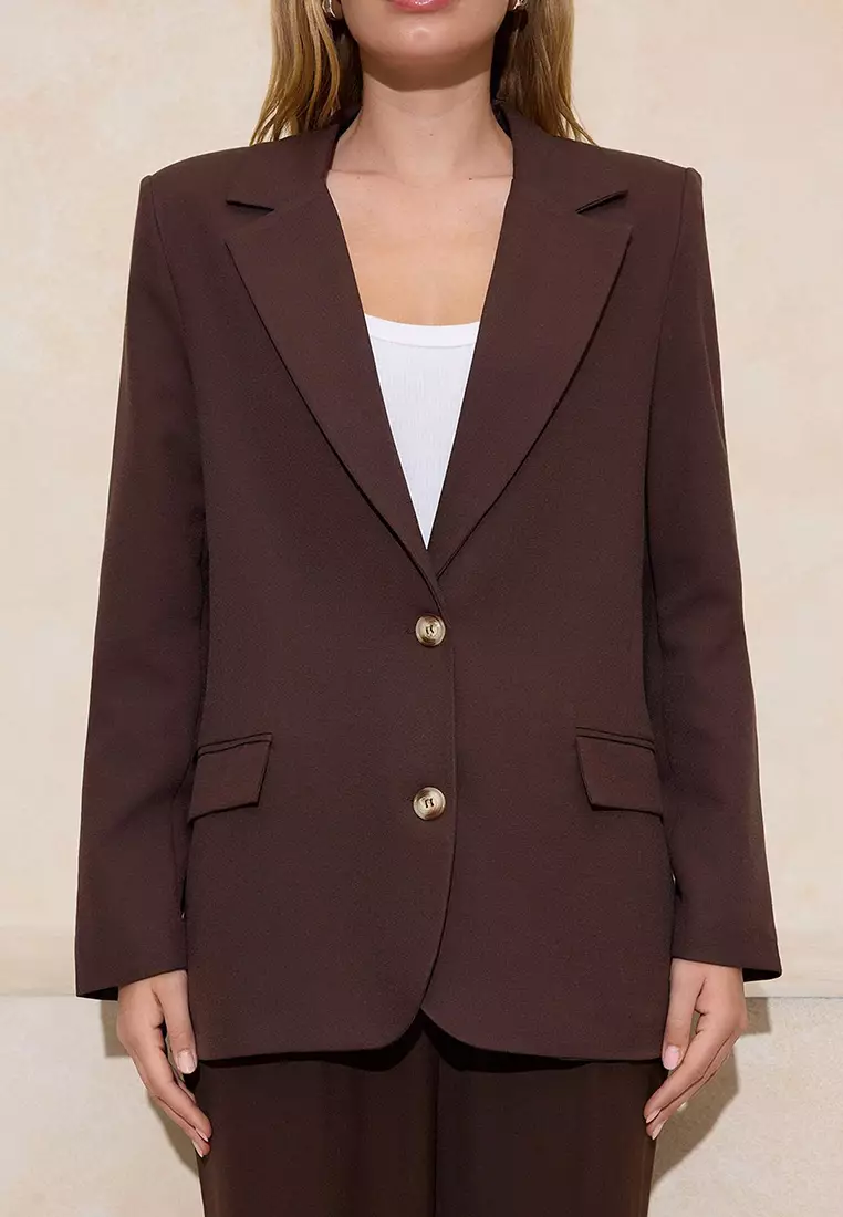 Dark Brown Regular Lined Woven Blazer Jacket Twoaw23Bc13