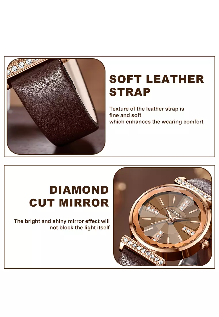 Jam Tangan Wanita Berlian Anggun Gaya Antik Tali Kulit Original Jam Tangan Cewek 8008 allbrown